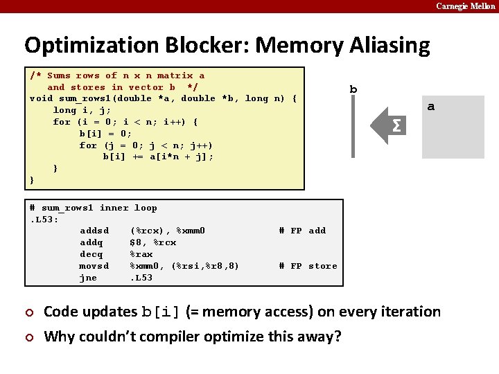 Carnegie Mellon Optimization Blocker: Memory Aliasing /* Sums rows of n x n matrix