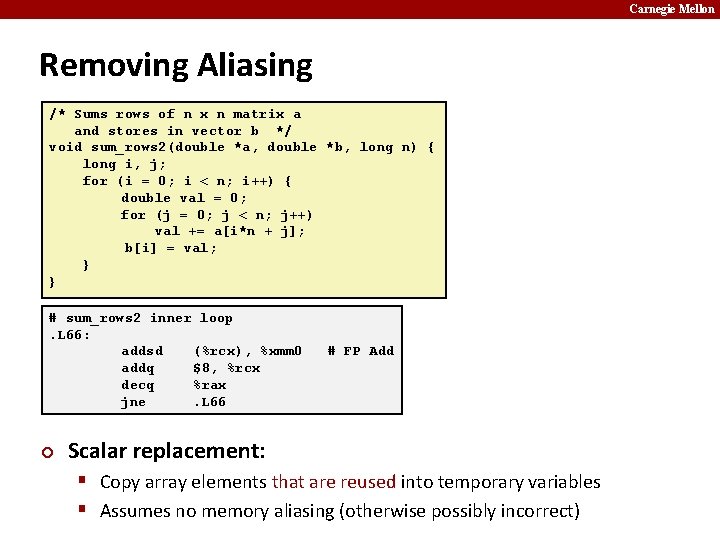 Carnegie Mellon Removing Aliasing /* Sums rows of n x n matrix a and