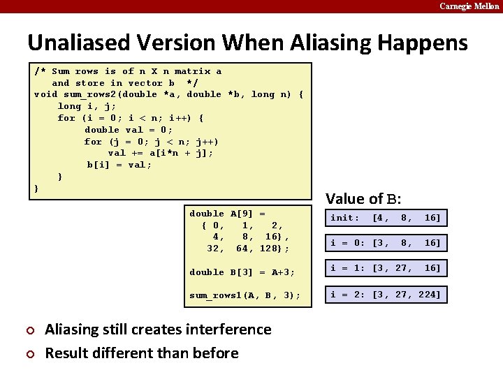 Carnegie Mellon Unaliased Version When Aliasing Happens /* Sum rows is of n X