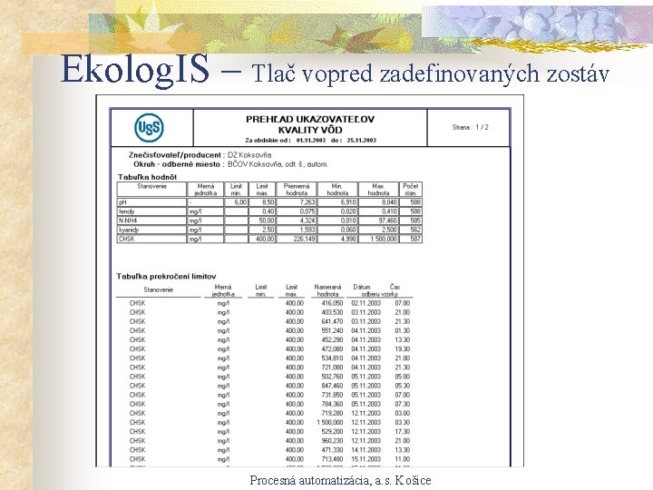 Ekolog. IS – Tlač vopred zadefinovaných zostáv Procesná automatizácia, a. s. Košice 