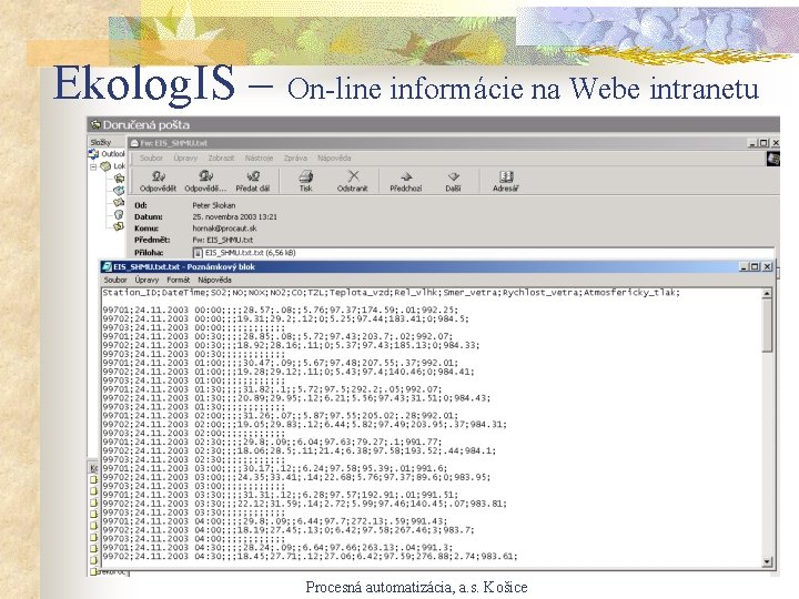 Ekolog. IS – On-line informácie na Webe intranetu Procesná automatizácia, a. s. Košice 