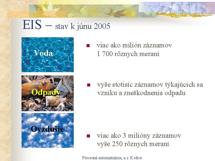 EIS – stav k júnu 2005 Voda Odpady Ovzdušie n viac ako milión záznamov