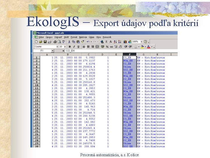 Ekolog. IS – Export údajov podľa kritérií Procesná automatizácia, a. s. Košice 