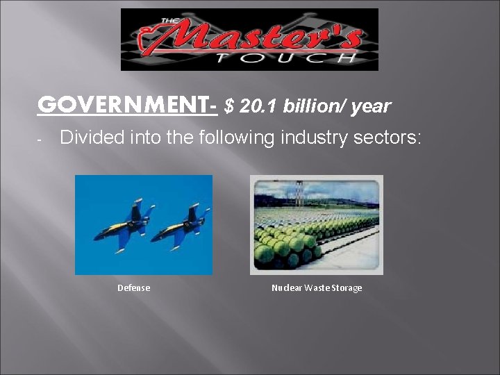 GOVERNMENT- $ 20. 1 billion/ year - Divided into the following industry sectors: Defense