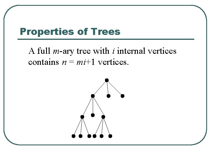 Properties of Trees A full m-ary tree with i internal vertices contains n =