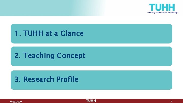 1. TUHH at a Glance 2. Teaching Concept 3. Research Profile 9/25/2020 TUHH 3