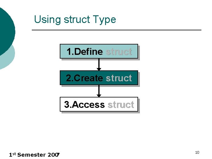 Using struct Type 1. Define struct 2. Create struct 3. Access struct 1 st