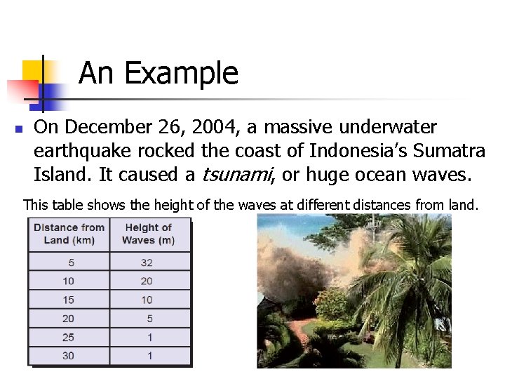An Example n On December 26, 2004, a massive underwater earthquake rocked the coast An Example n On December 26, 2004, a massive underwater earthquake rocked the coast