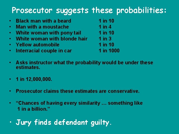 Prosecutor suggests these probabilities: • • • Black man with a beard Man with