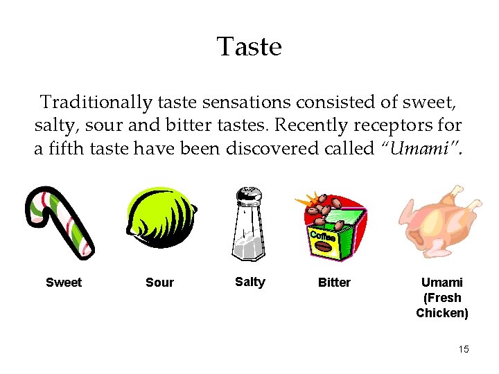 Taste Traditionally taste sensations consisted of sweet, salty, sour and bitter tastes. Recently receptors