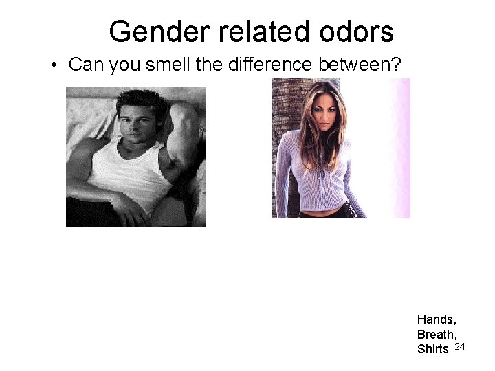 Gender related odors • Can you smell the difference between? Hands, Breath, Shirts 24