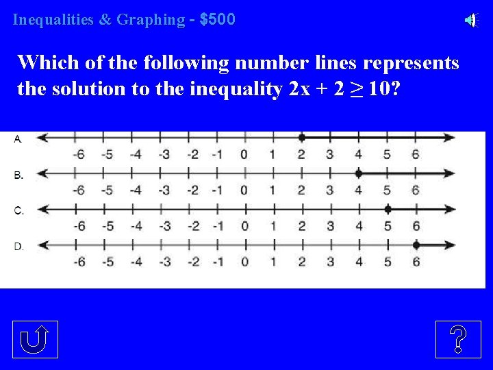 Inequalities & Graphing - $500 Which of the following number lines represents the solution