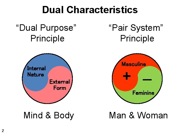 Dual Characteristics “Dual Purpose” Principle Masculine Internal Nature External Form Mind & Body 2