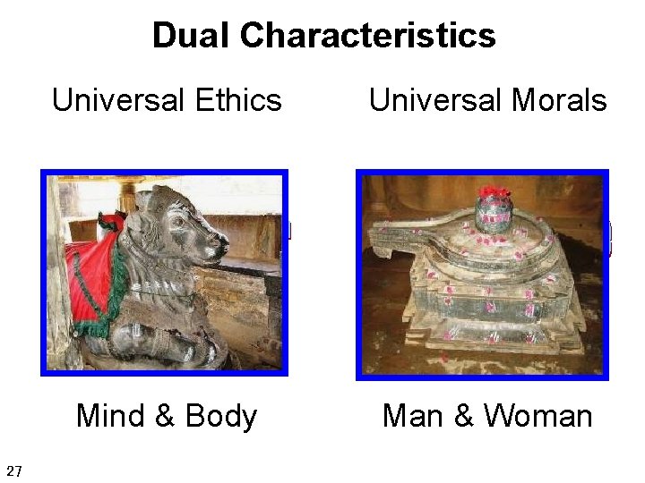 Dual Characteristics Universal Ethics Masculine Internal Nature External Form Mind & Body 27 Universal