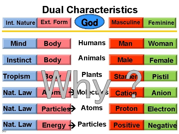 Int. Nature Dual Characteristics Ext. Form God Masculine Feminine Mind Body Humans Man Woman
