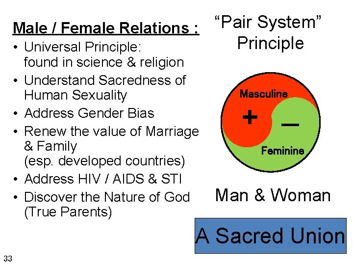 Male / Female Relations : “Pair System” • Universal Principle: found in science &