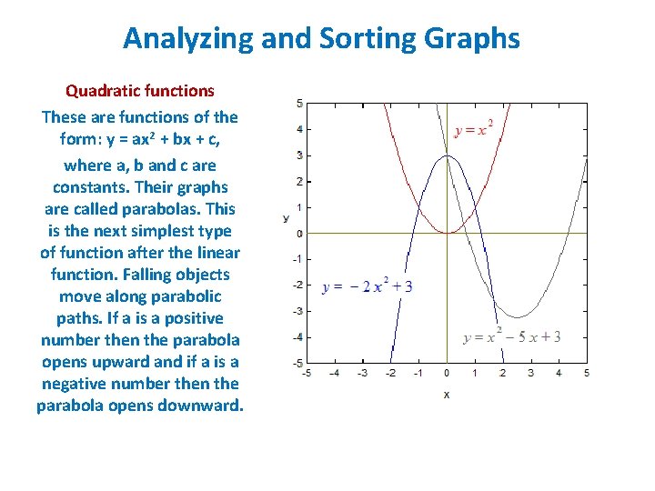 Analyzing and Sorting Graphs Quadratic functions These are functions of the form: y =