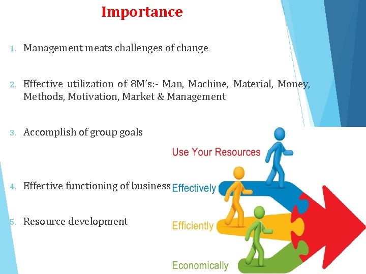 Importance 1. Management meats challenges of change 2. Effective utilization of 8 M’s: -