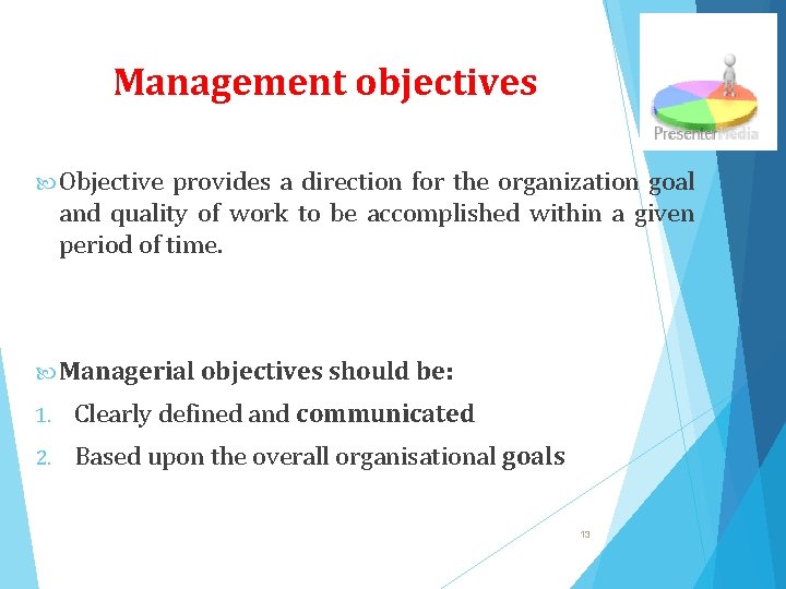 Management objectives Objective provides a direction for the organization goal and quality of work