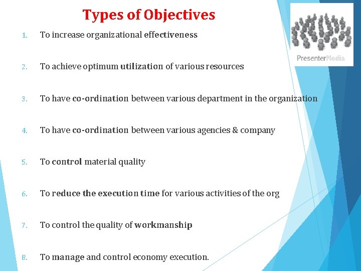Types of Objectives 1. To increase organizational effectiveness 2. To achieve optimum utilization of