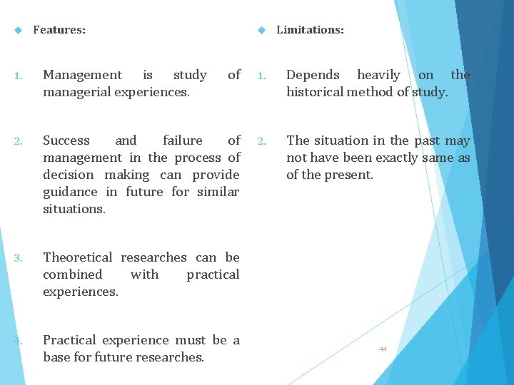  Features: Limitations: 1. Management is study managerial experiences. of 1. Depends heavily on