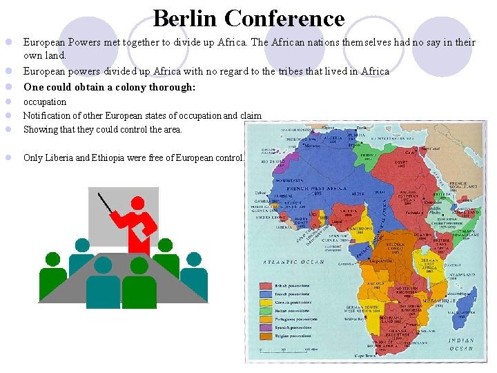 Berlin Conference l European Powers met together to divide up Africa. The African nations