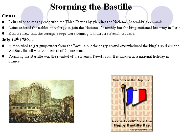 Storming the Bastille Causes… l Loius tried to make peace with the Third Estates