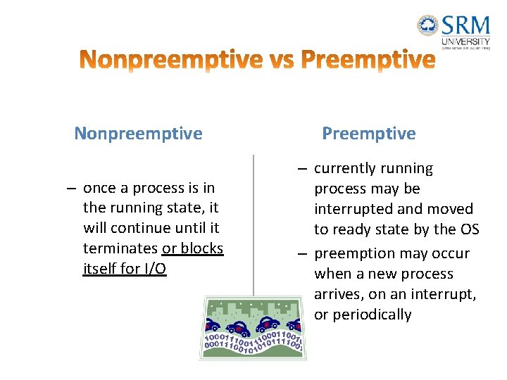 Nonpreemptive – once a process is in the running state, it will continue until