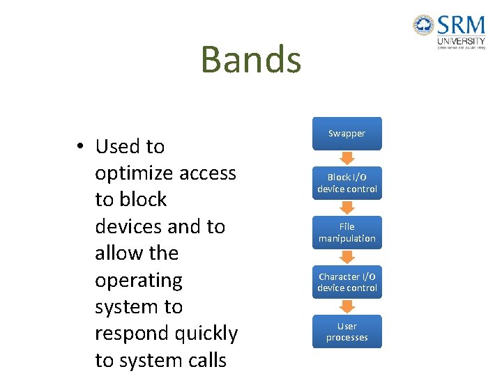 Bands • Used to optimize access to block devices and to allow the operating