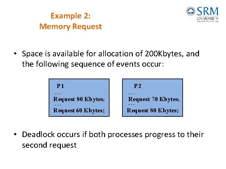 Example 2: Memory Request • Space is available for allocation of 200 Kbytes, and