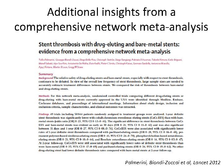 Additional insights from a comprehensive network meta-analysis Palmerini, Biondi-Zoccai et al, Lancet 2012 