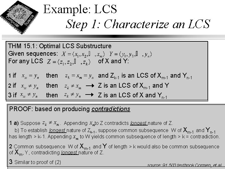 Example: LCS Step 1: Characterize an LCS THM 15. 1: Optimal LCS Substructure Given