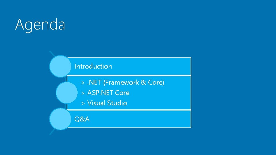 Agenda Introduction >. NET (Framework & Core) > ASP. NET Core > Visual Studio Agenda Introduction >. NET (Framework & Core) > ASP. NET Core > Visual Studio