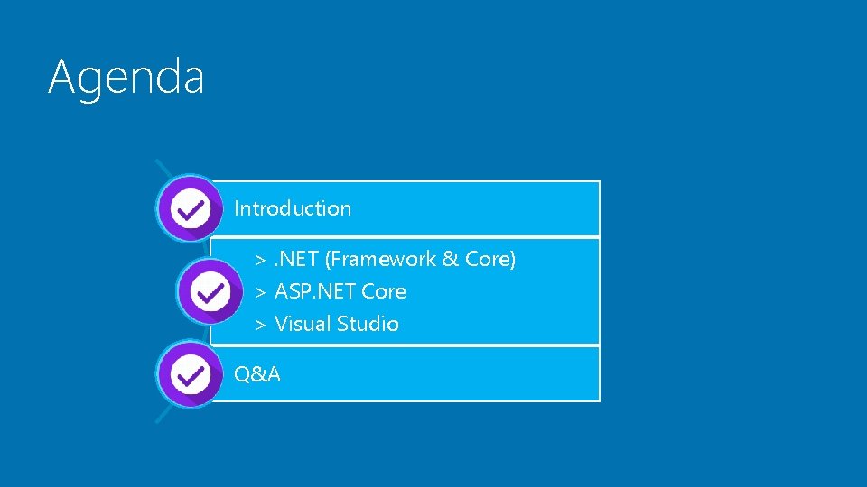 Agenda Introduction >. NET (Framework & Core) > ASP. NET Core > Visual Studio Agenda Introduction >. NET (Framework & Core) > ASP. NET Core > Visual Studio