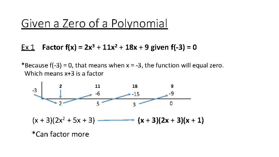 Given a Zero of a Polynomial Ex 1 Factor f(x) = 2 x 3 Given a Zero of a Polynomial Ex 1 Factor f(x) = 2 x 3