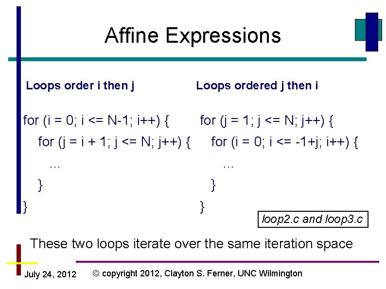 Affine Expressions Loops order i then j for (i = 0; i <= N-1;