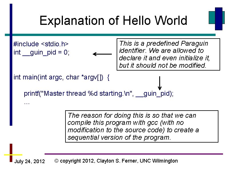 Explanation of Hello World #include <stdio. h> int __guin_pid = 0; This is a