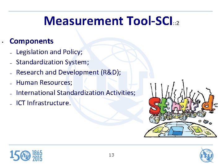 Measurement Tool-SCI: : 2 • Components – – – Legislation and Policy; Standardization System;