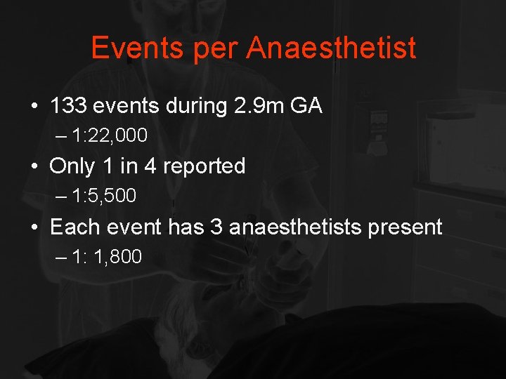 Events per Anaesthetist • 133 events during 2. 9 m GA – 1: 22,