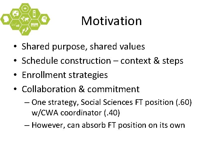 Motivation • • Shared purpose, shared values Schedule construction – context & steps Enrollment