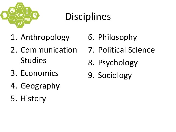 Disciplines 1. Anthropology 2. Communication Studies 3. Economics 4. Geography 5. History 6. 7.