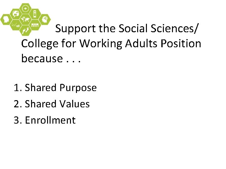 Support the Social Sciences/ College for Working Adults Position because. . . 1. Shared