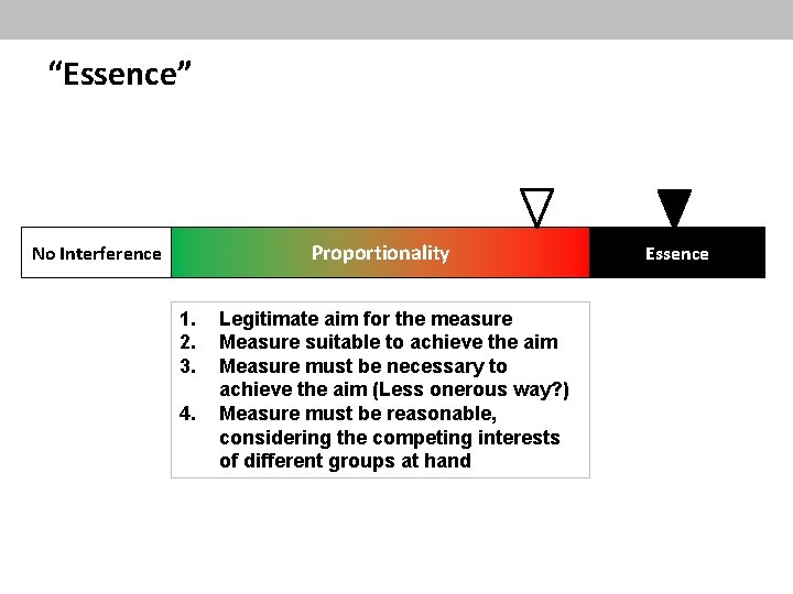 “Essence” Proportionality No Interference 1. 2. 3. 4. Legitimate aim for the measure Measure