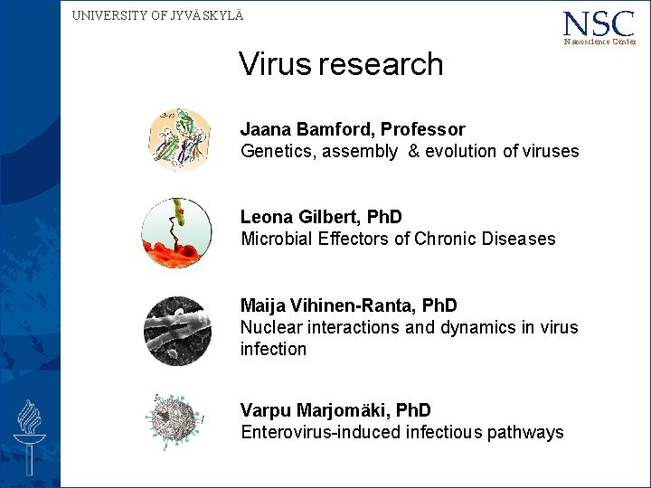 UNIVERSITY OF JYVÄSKYLÄ Virus research NSC Nanoscience Center Jaana Bamford, Professor Genetics, assembly &