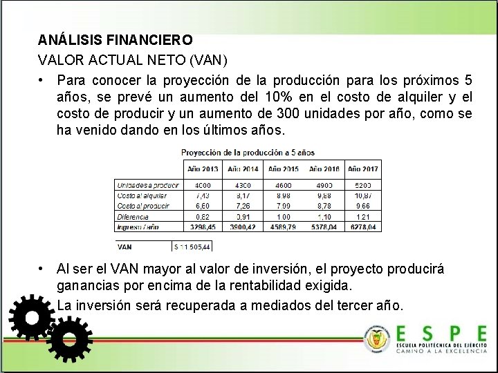 ANÁLISIS FINANCIERO VALOR ACTUAL NETO (VAN) • Para conocer la proyección de la producción