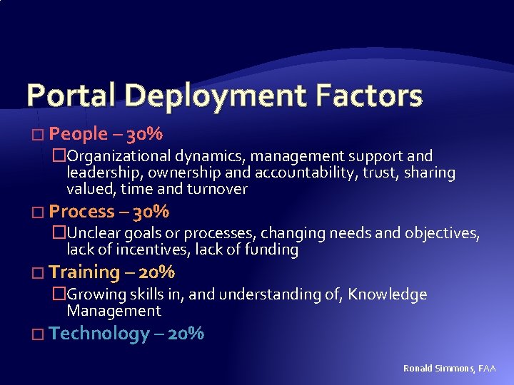 Portal Deployment Factors � People – 30% �Organizational dynamics, management support and leadership, ownership Portal Deployment Factors � People – 30% �Organizational dynamics, management support and leadership, ownership