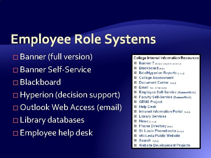 Employee Role Systems � Banner (full version) � Banner Self-Service � Blackboard � Hyperion Employee Role Systems � Banner (full version) � Banner Self-Service � Blackboard � Hyperion