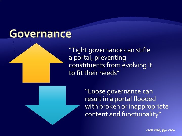 Governance “Tight governance can stifle a portal, preventing constituents from evolving it to fit Governance “Tight governance can stifle a portal, preventing constituents from evolving it to fit