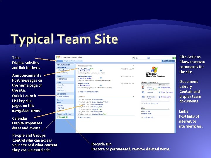 Typical Team Site Actions Show common commands for the site. Tabs Display subsites and Typical Team Site Actions Show common commands for the site. Tabs Display subsites and