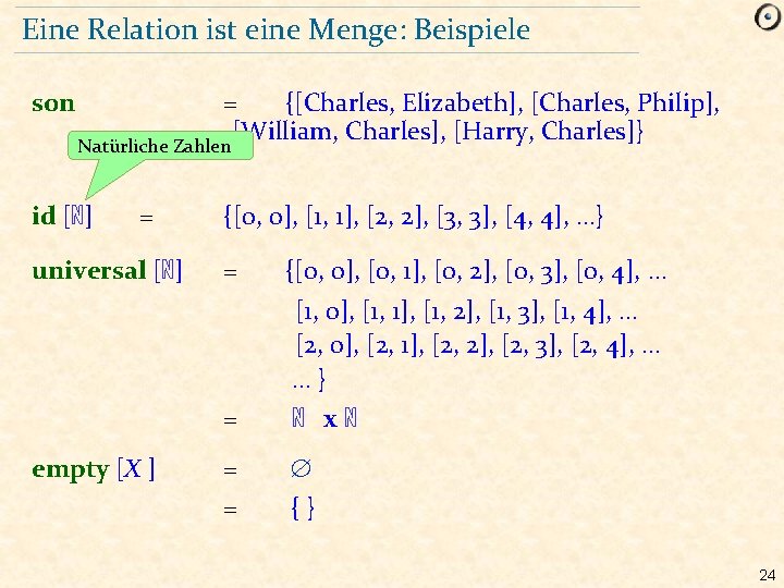 Eine Relation ist eine Menge: Beispiele son = {[Charles, Elizabeth], [Charles, Philip], [William, Charles],